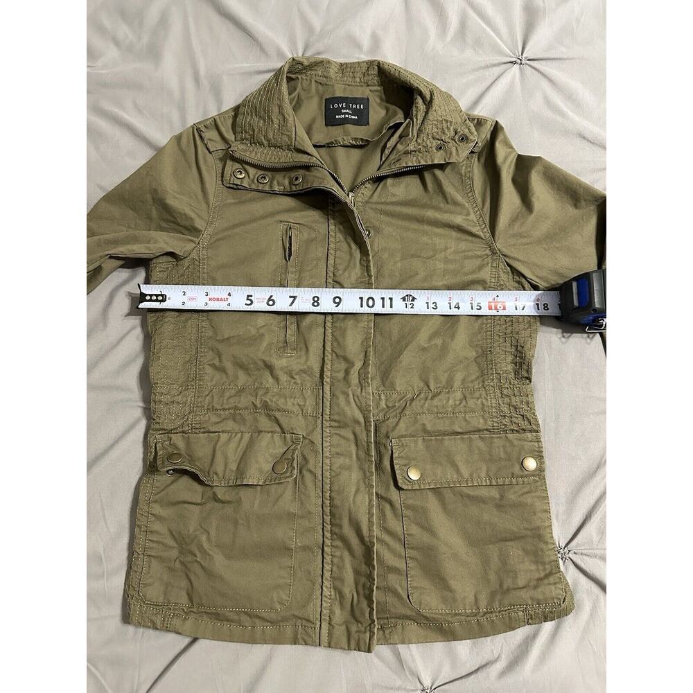 Womens Utility Jacket Love Tree Olive Green LS Zips & Snaps Size Small - Picture 13 of 16
